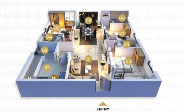 Illustrative east-facing 3 BHK isometric layout from the brochure